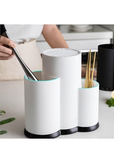 Pazly Siyah Mutfak Düzenleyici Bıçak Tutucu Standı, Blok, Süzgeç, Kaşık Çatal Saklama Kutusu Siyah