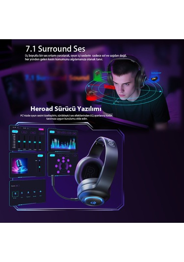Heroad V200 Rgb 7.1 Kablosuz Gaming Oyuncu Kulaklığı 3 Modlu Bt, 2.4ghz, Type-c Pc - Ps5 - Xbox