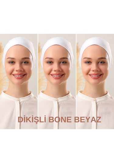 Kadın Tesettür Dikişli Set Bone Beyaz 3 Adet Bağlamalı Penye Bone Beyaz