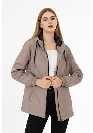 Kadın Vizon Içi Astarlı Su Geçirmez Ve Rüzgara Dayanıklı Kapüşonlu Cepli Yağmurluk - Rüzgarlık Vizon