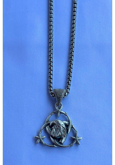 Kartal Ay Yıldız El İşçiliği Paslanmaz Çelik Zincir Erkek Kolye Gümüş