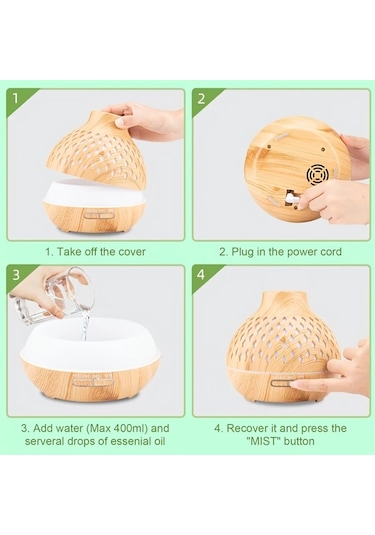Techbloom 400ml Uzaktan Kumandalı Silvery Line Pattern Esansiyel Yağ Difüzörü Ultrasonik Nemlendirici Susuz Otomatik Kapanma Ahşap