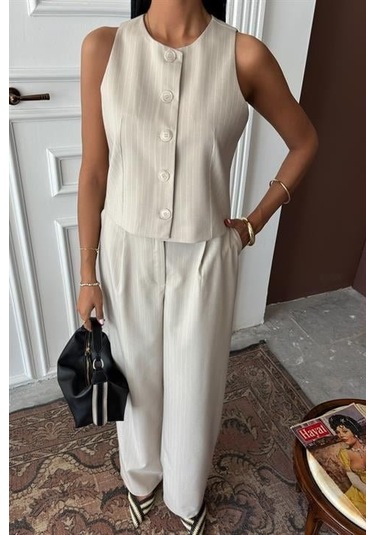 Yelek Plazzo Pantolon Çizgili Flamlı Poliviscon Takım 10178 Vi Zon