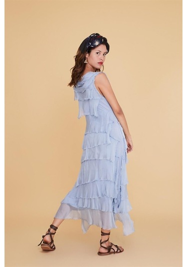 Italyan 2 Beden İnce Gösteren Kat Kat Kolsuz Ipek Elbise Açık Mavi