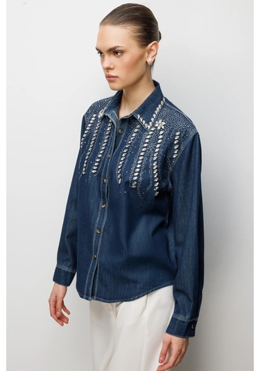 Ekol Kadın Taş İşlemeli Denim Görünümlü Gömlek 2910 Indigo Indigo