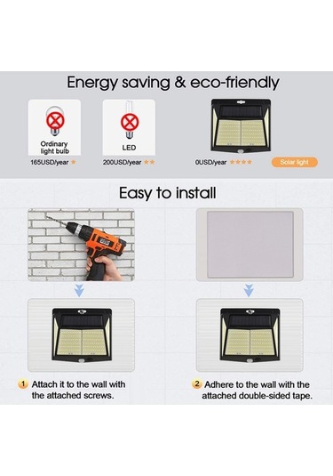 Ulzyvf 228 Led Güneş Enerjili Hareket Sensörlü Dış Mekan Lambası, 3 Işık Modlu Siyah Siyah