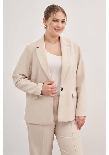 Astarlı Tek Düğmeli Blazer-1758-krem Krem