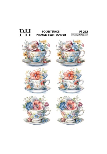 Polyesterhobi Premium Sulu Transfer 25x35 Cm Çiçekli Fincanlar Desenli Ps 212