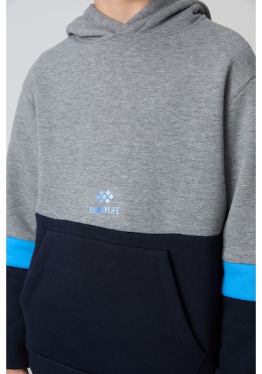 Gri Melanj Pamuklu Kalın İçi Tüylü Yumuşak Dokulu Standart Fit Nakışlı Erkek Çocuk Eşofman Takım - Gri Melanj