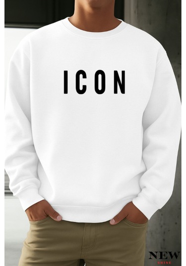 Icon Baskılı Bisiklet Yaka Sweatshirt Beyaz