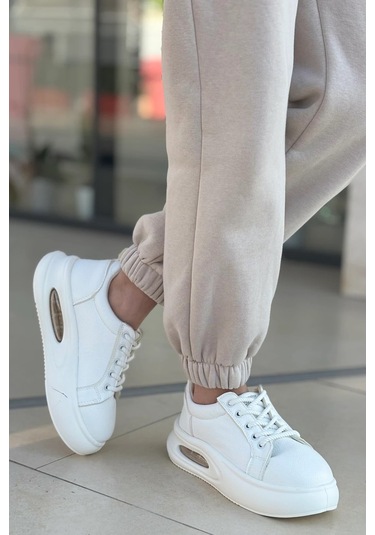Günlük Kadın Sneaker Örgü Bağcıklı Hafif Kalın Yüksek Balon Taban Yürüyüş Spor Ayakkabı 5750 Beyaz