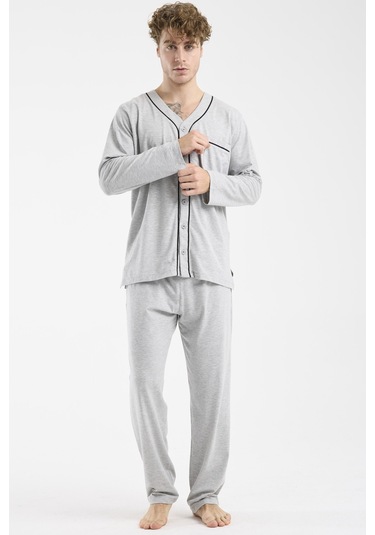 Sementa V Yaka Düğmeli Pijama Takım - Gri Gri