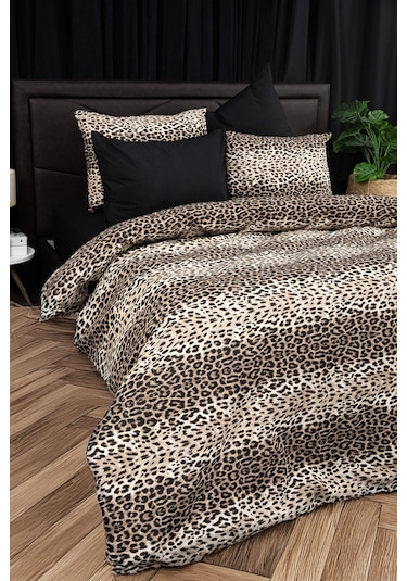 Leopar Desenli Lastikli Çarşaflı Çift Kişilik Nevresim Takımı Antrasit