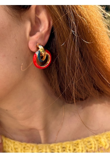 Bymerve Abiye Tasarım Halka Gold Tabaka Kırmızı 3,5cm Kadın Çelik Küpe Kırmızı