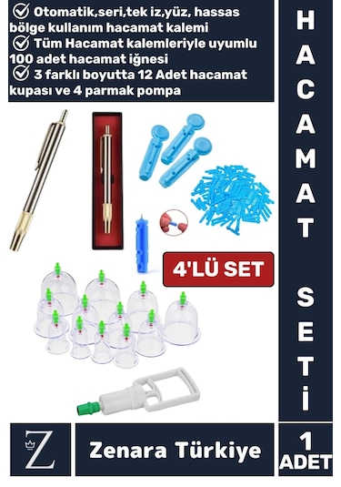 Otomatik Seri Hacamat Kalemi 100 Adet İğne 12 Adet Kupa 4 Parmak Pompa 4'lü Premium Hacamat Seti