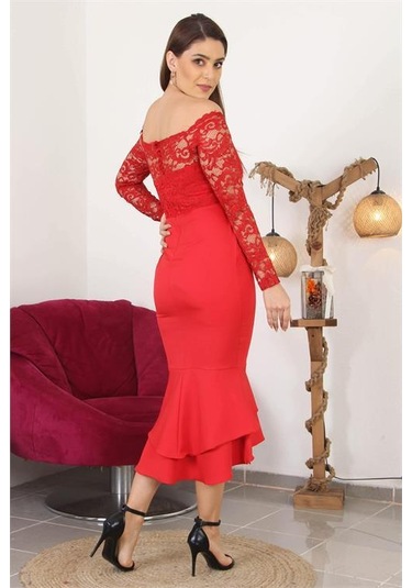 Dipmoda Kadın Yeni Sezon Eteği Kat Kat Dantel Detaylı Midi Abiye Elbise Swll03 Kırmızı