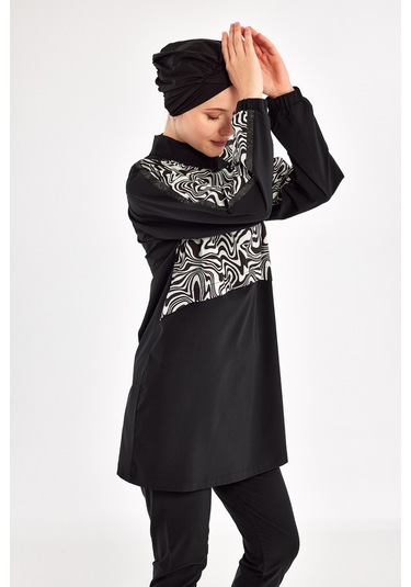 Spor Likra Tam Kapalı Tesettür Mayo Zebrı 1224 Siyah Siyah01 Siyah