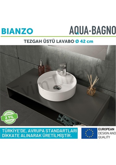 Aqua Bagno "bianzo" Tezgah Üstü Lavabo, Batarya Delikli, 42 Cm Beyaz