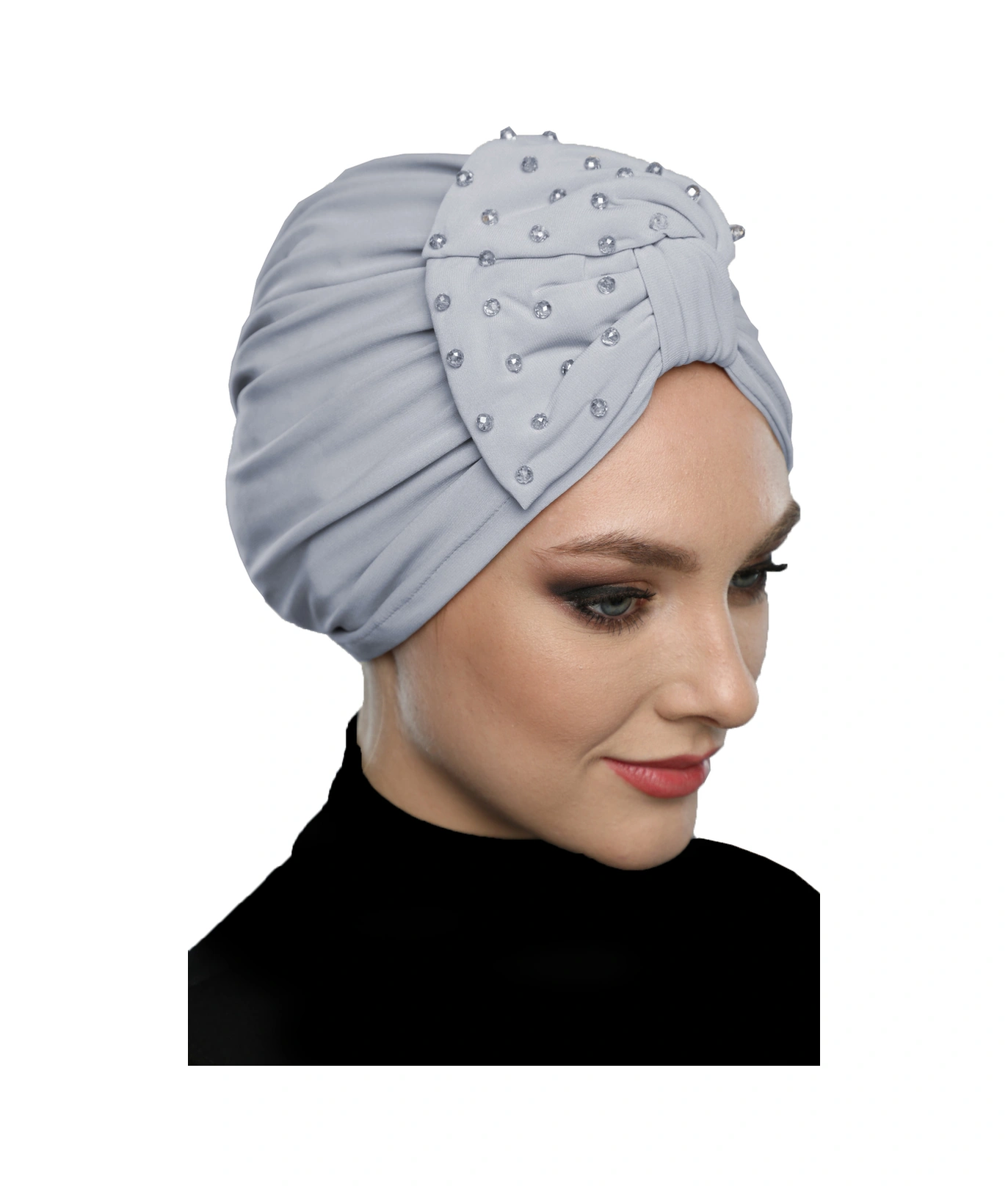 Kristal Yelpaze Taş Işlemeli Çift Taraflı Astarlı Açık Gri Hazır Türban Tesettür Abiye Bone Açık Gri