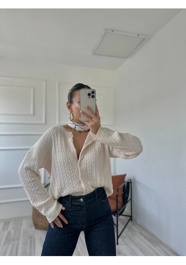 Keymoda Kadın Saç Örgülü Hırka Krem Krem