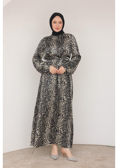 Armine Trend Leopar Desenli Beli Kemerli Elbise Siyah 24kt904 Siyah
