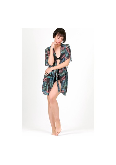 Pareo Plaj Elbisesi Kimono Std Yazlık Oversize Tül Gömlek Kemerli Elbise Leaf Siyah