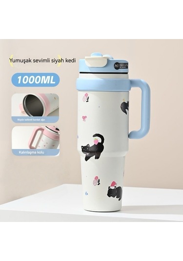 Sevimli Termos Kupa Yeni Kız Yüksek Yüz Değeri Big Mac Su Bardağı Büyük Kapasiteli Öğrenciler Okula Özel Taşınabilir Beyaz - Mavi