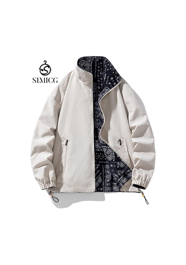 Erkek Dik Yaka Çift Taraflı Baskılı Ceket Beyaz