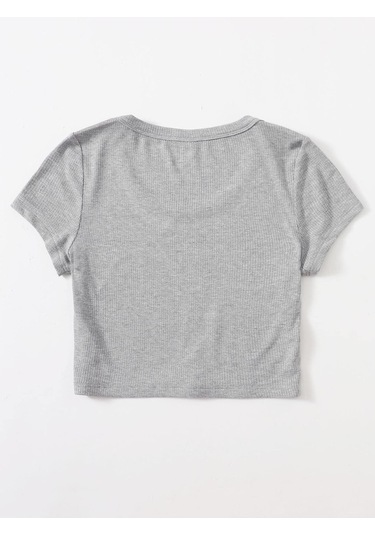 U Yaka Gri Renk Fitilli Kısa Kollu Regular Crop Top Bluz Gri
