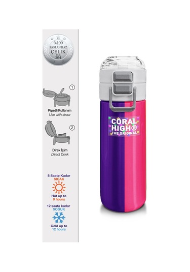 Coral High Kids Renkli Çizgili Desenli Pipetli Ve Direkt İçim Çelik Termos 500 Ml 31874 Mor - Lila