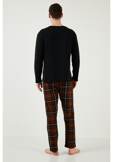 Buratti Ekoseli Cepli Beli Lastikli % 100 Pamuk Regular Fit Erkek Pijama Takımı 6572001 Siyah-Kahve