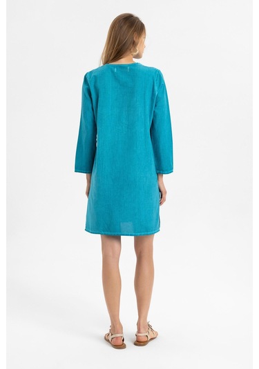 Turkuaz İşlemeli Uzun Kollu Astarsız Pamuklu Kısa Elbise-turkuaz Turkuaz