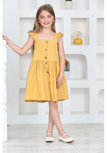 Kız Çocuk %100 Pamuk Keten Elbise 12197 Hardal