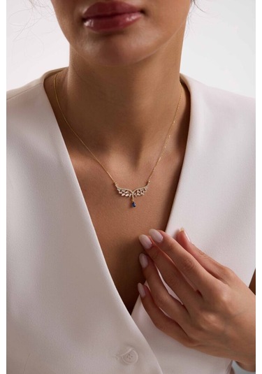 Melek Tasarım Damla Mavi Taşlı Kolye New T13976 Renkli