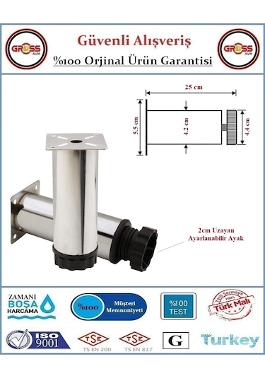 Metal Ayarlanabilir Koltuk - Mobilya - Baza Ayağı - 25cm - 2 Adet Krom