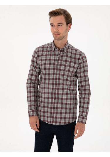 Cacharel Bordo Slim Fit %100 Pamuk Kareli Gömlek Kırmızı