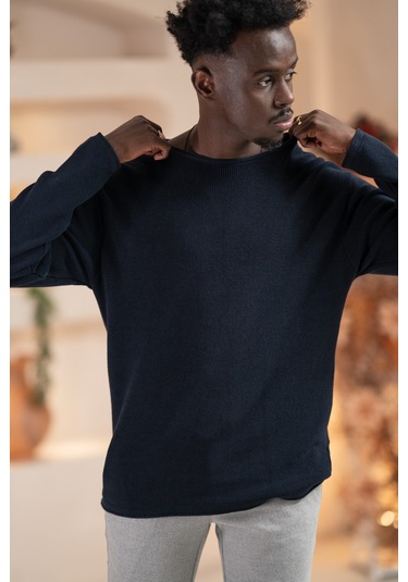 Regular Fit Likralı Kendinden Çizgili Mevsimlik Spor Kazak Lacivert