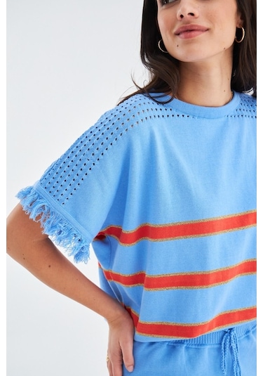 Peraluna Hannah Blouse & Shorts Pamuklu Yazlık Kadın Triko Şort T Mavi