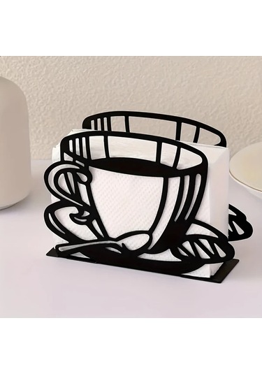 Xuweiwei Siyah Metal Peçete Tutucu - Kahve Fincanlı Dikey Masaüstü Mendil Klipsi Siyah