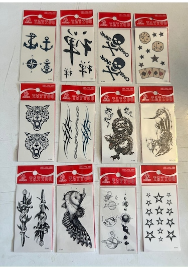 Minimal Geçici Dövme 12 Adet Birden Yapıştırma Dövme Model3 Beyaz Çok Renkli