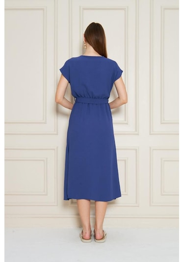 Kadın Kruvaze Yaka Cepli Derin Yırtmaçlı Beli Lastikli Aerobin Günlük Yazlık Elbise 3764341 İndigo