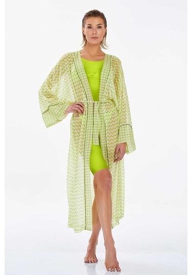 Mayo Üzerine Tek Pareo Kaftan Leysa Nady 6129 Neon Yeşili Neon Yeşil