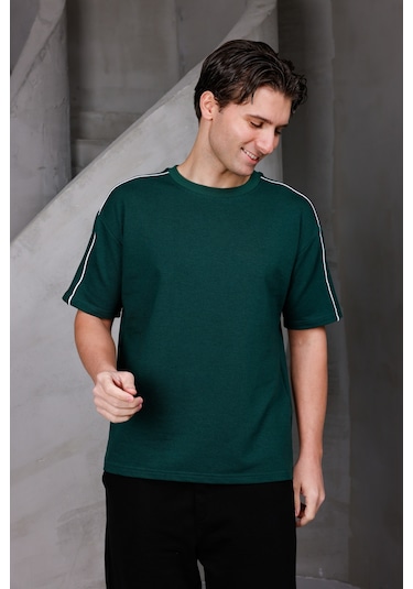 Erkek Şeritli Oversize Bisiklet Yaka 2 İki İplik Kompakt T-shirt Nefti