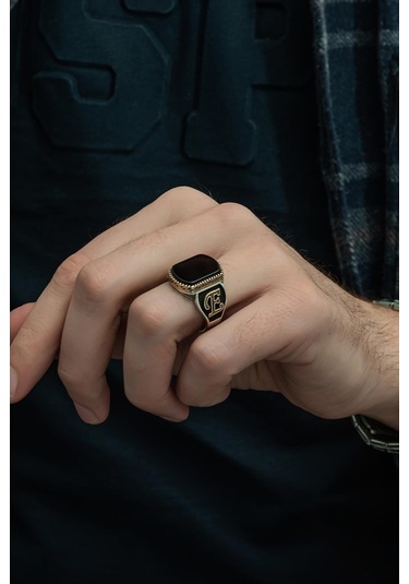 Yüzük Sanatı Oniks Taşlı Harfli 925 Gümüş Erkek Yüzük