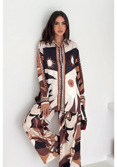 Modal Saten Kumaş Desenli Takım Kahverengi Kahverengi