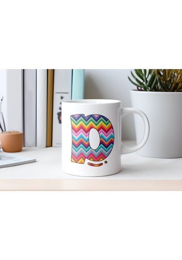 D Harfi Renkli Zigzag Desenli Kupa Bardak - Afrika Tarz Etnik Tasarım Kupa - Kişiye Özel Beyaz