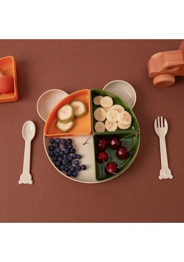 Tucklebery Buddy Ayıcık Mama Tabağı Seti – Yeşil, Sarı, Bej | Çatal-Kaşık + 5 Bölmeli, Eğlenceli & BPA İçermez, Güvenli Mama Tabağ