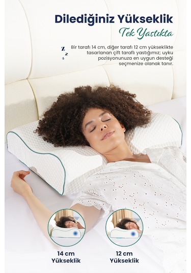 Yüksek Çift Boyun Destekli Ortopedik Visco Yastık 60x40x14-12cm Beyaz