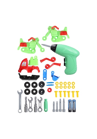 Eğitici Sök Tak Oyuncak Pilli Matkaplı 45 Parça Araç Tamir Seti Kepçe Ve Yeşil Motor