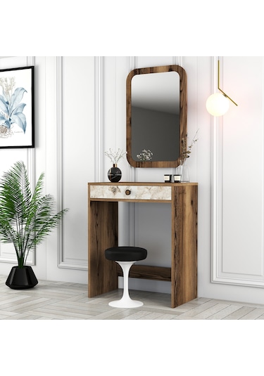 Lizbon Mini Makyaj Masası Aynalı - Ceviz / Beyaz Mermer